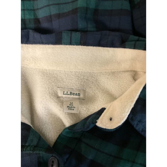 L.L. Bean M Navy Green Plaid Flannel Fleece Lined Button Front Shirt - Picture 4 of 4